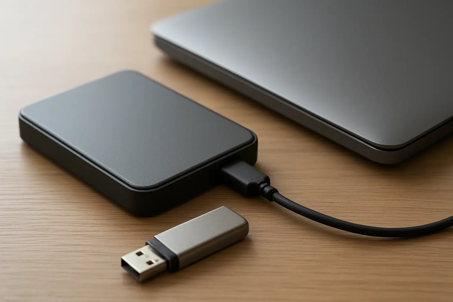 Externe Festplatte und USB-Stick neben einem Laptop als Backup-Medien