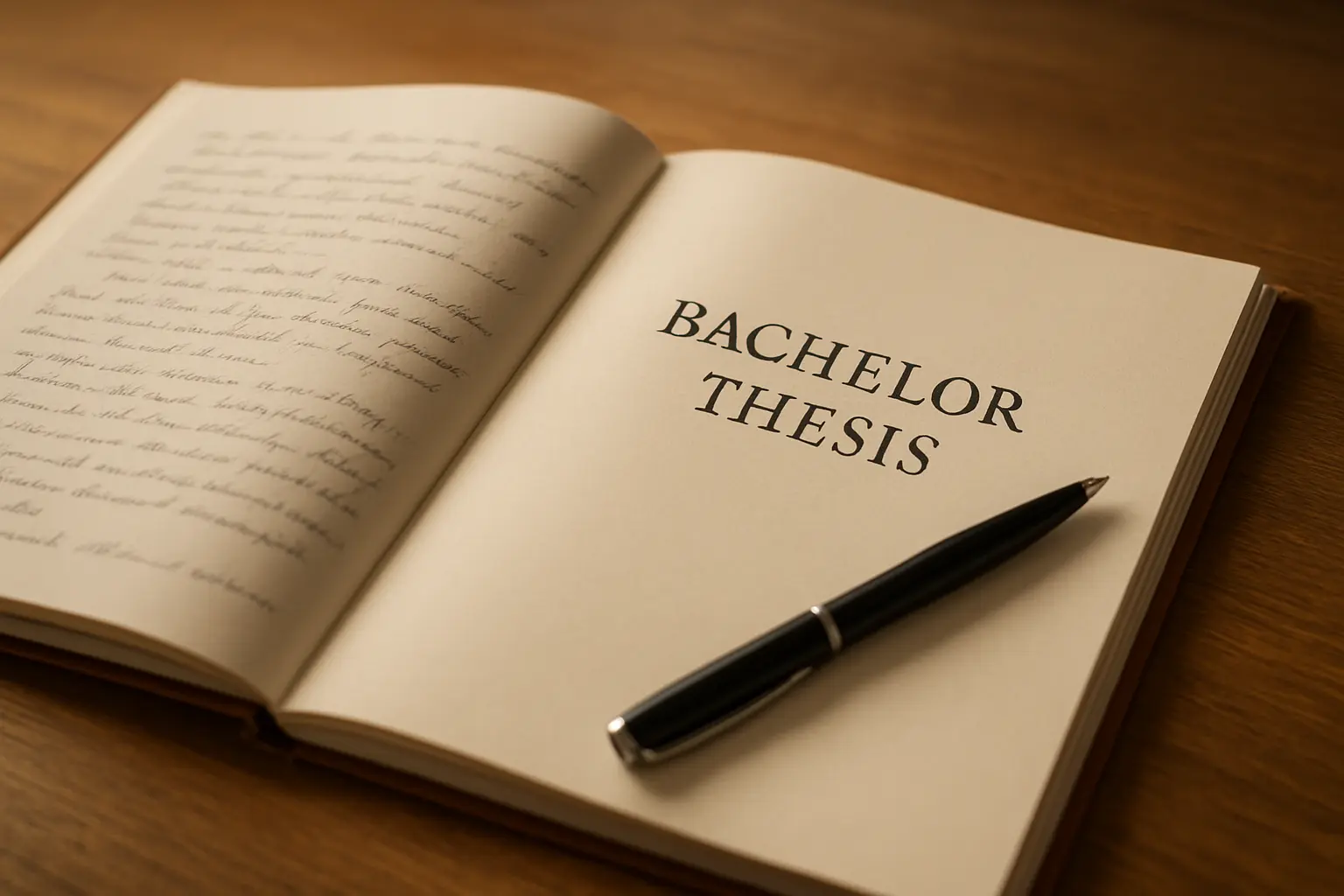 Nahaufnahme einer aufgeschlagenen Bachelorarbeit mit Notizen auf einem Schreibtisch