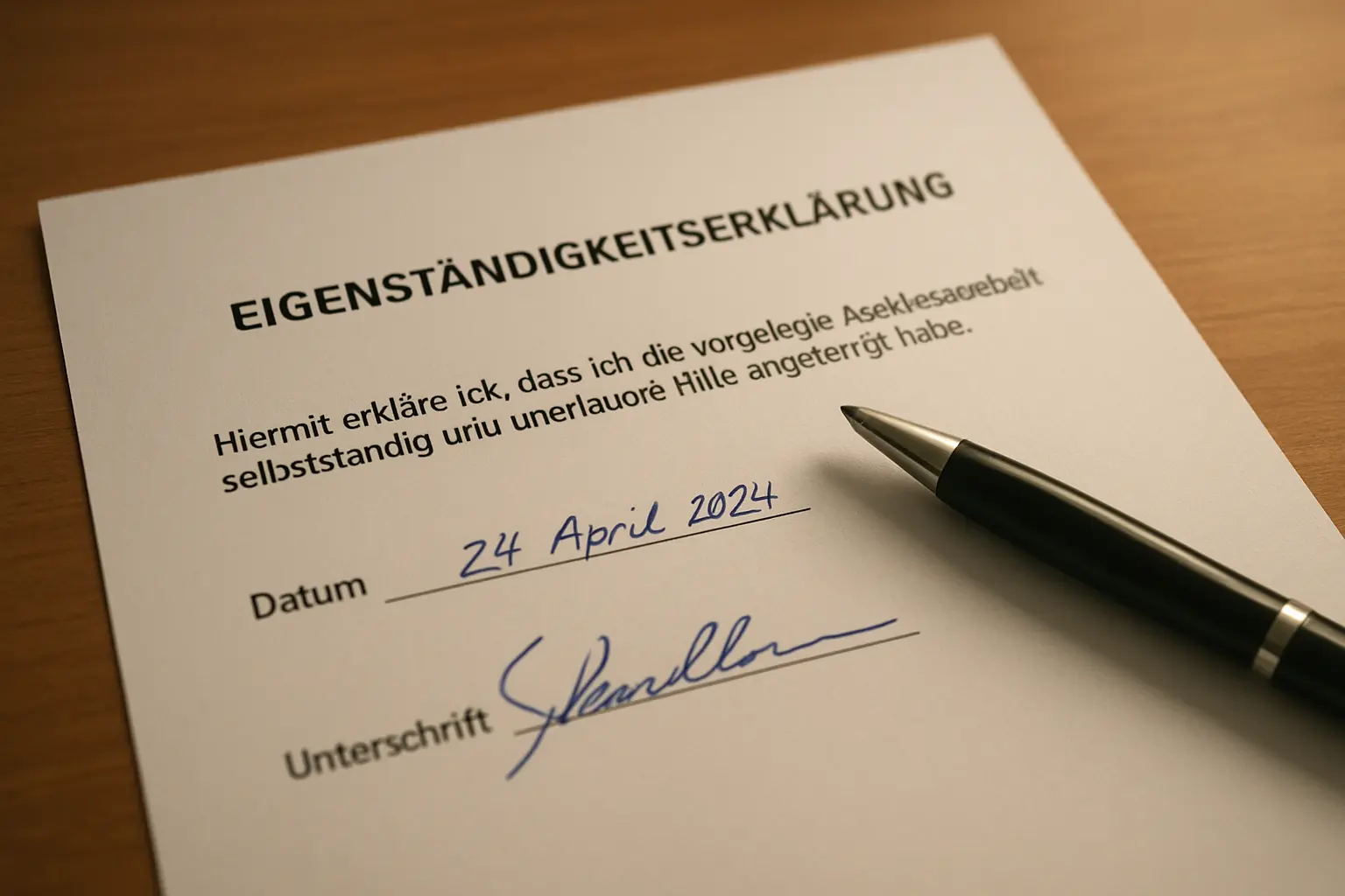 Unterschriebene Eigenständigkeitserklärung mit Datum auf der letzten Seite einer Abschlussarbeit