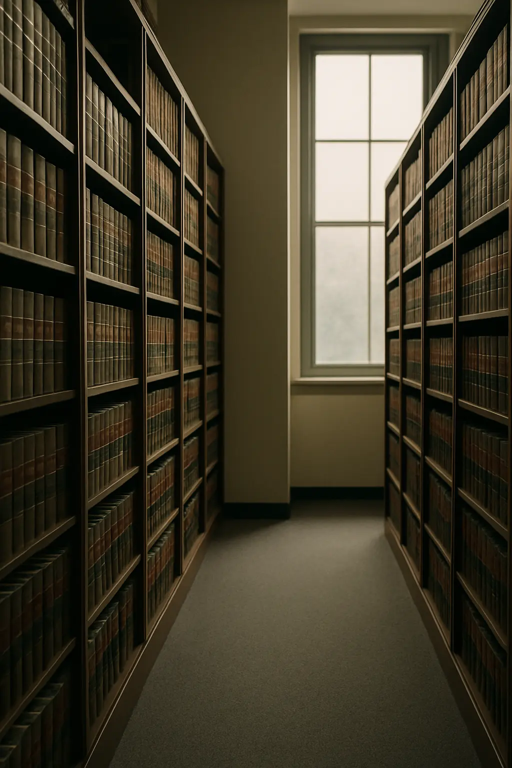 Ruhiger Gang in einer juristischen Universitätsbibliothek mit Regalen voller Fachbücher