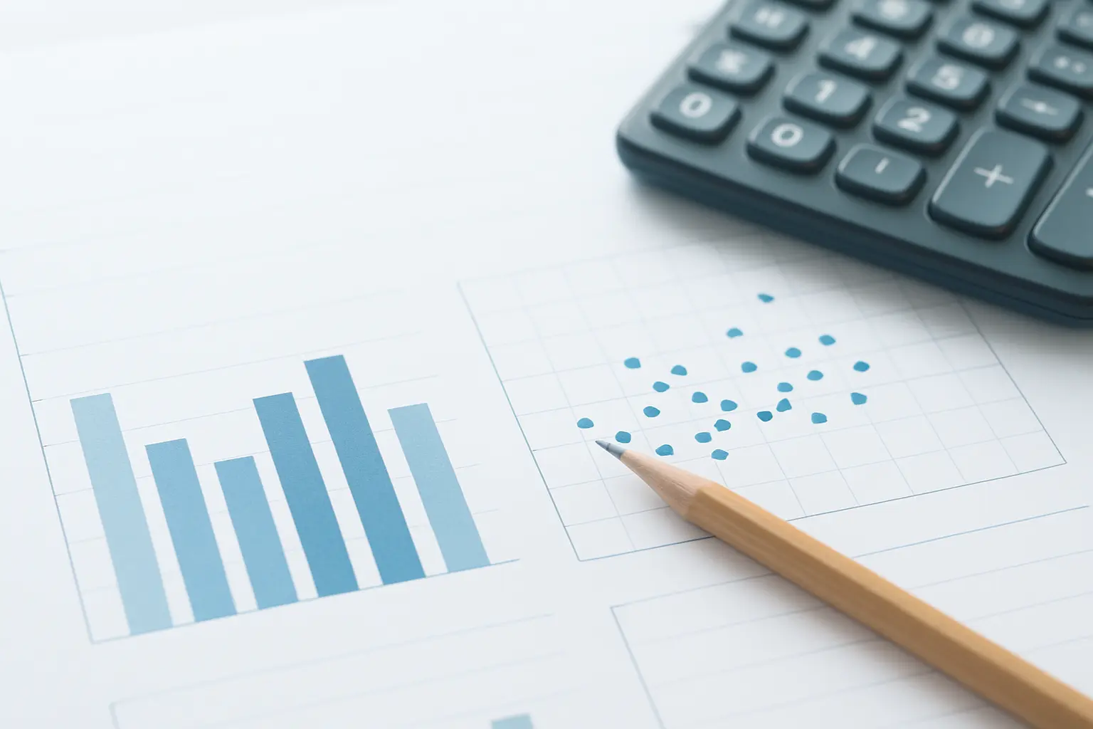 Ausgedruckte Statistikausgabe mit Diagrammen neben einem Taschenrechner