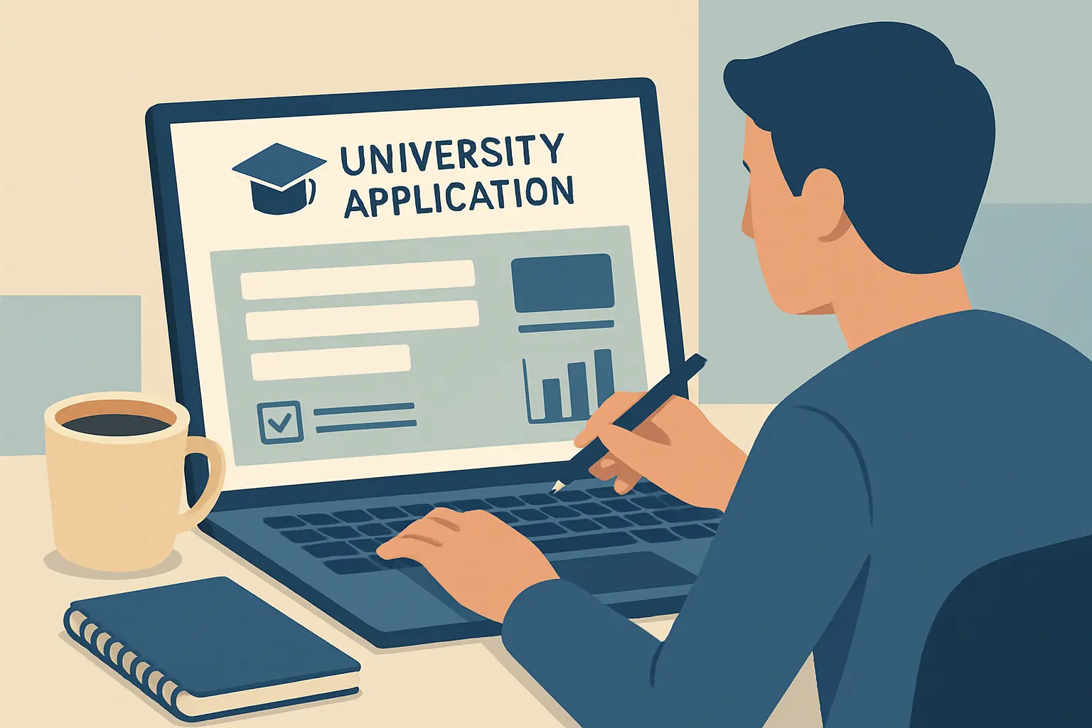 Studentin füllt ein Online-Bewerbungsportal für die Universität am Laptop aus