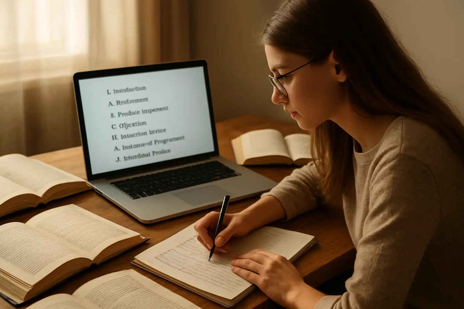 Studentin gleicht handschriftliche Notizen mit einer KI-gestützten Gliederung am Laptop ab