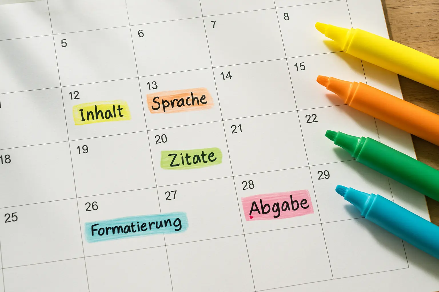 Wandkalender mit mehreren Etappen der Selbstkorrektur vor dem Abgabedatum der Bachelorarbeit