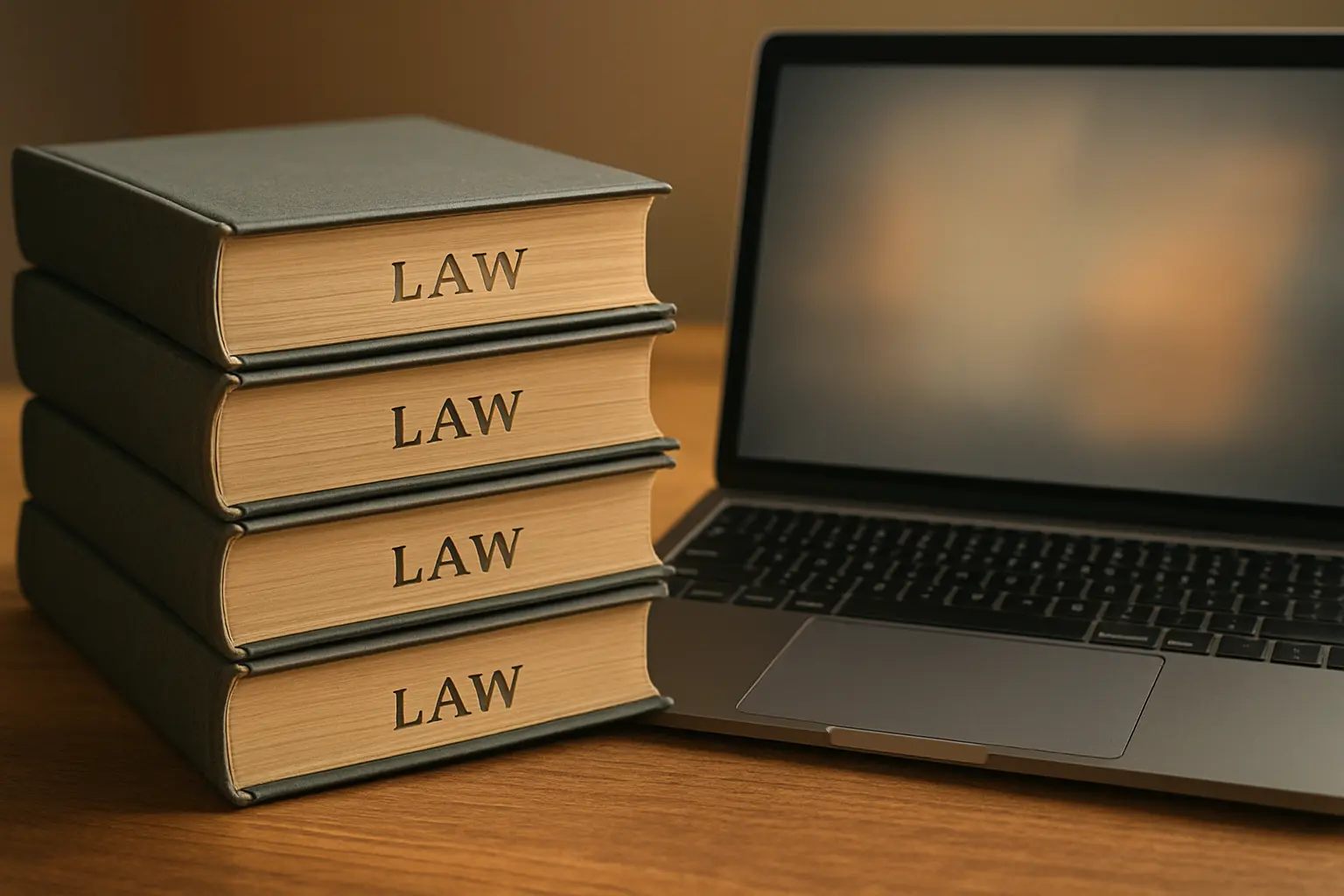 Gesetzesbücher neben einem Laptop auf einem Schreibtisch