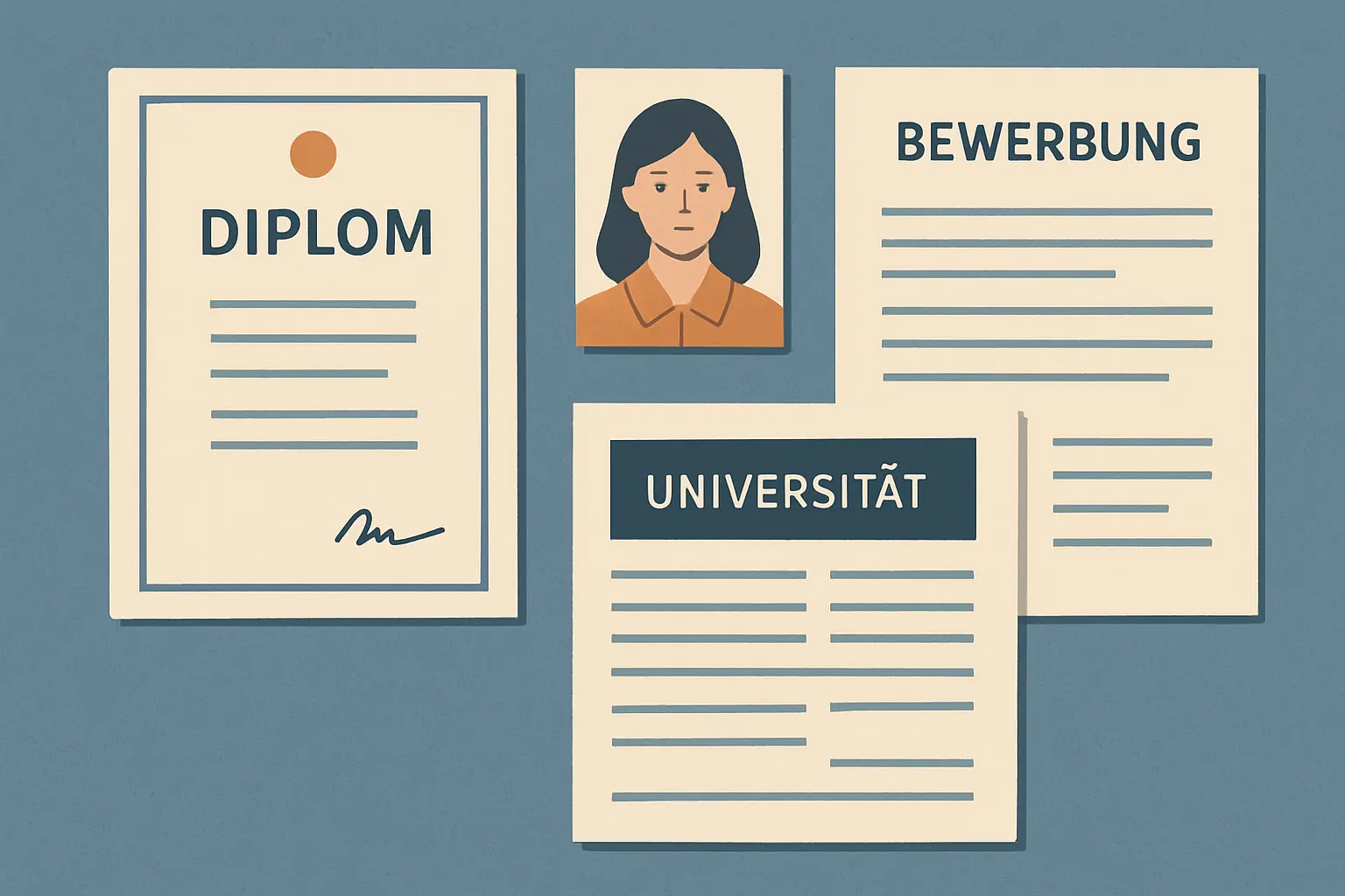 Bewerbungsunterlagen für die Universität mit Zeugnis und Passfoto im Flat-Lay-Stil