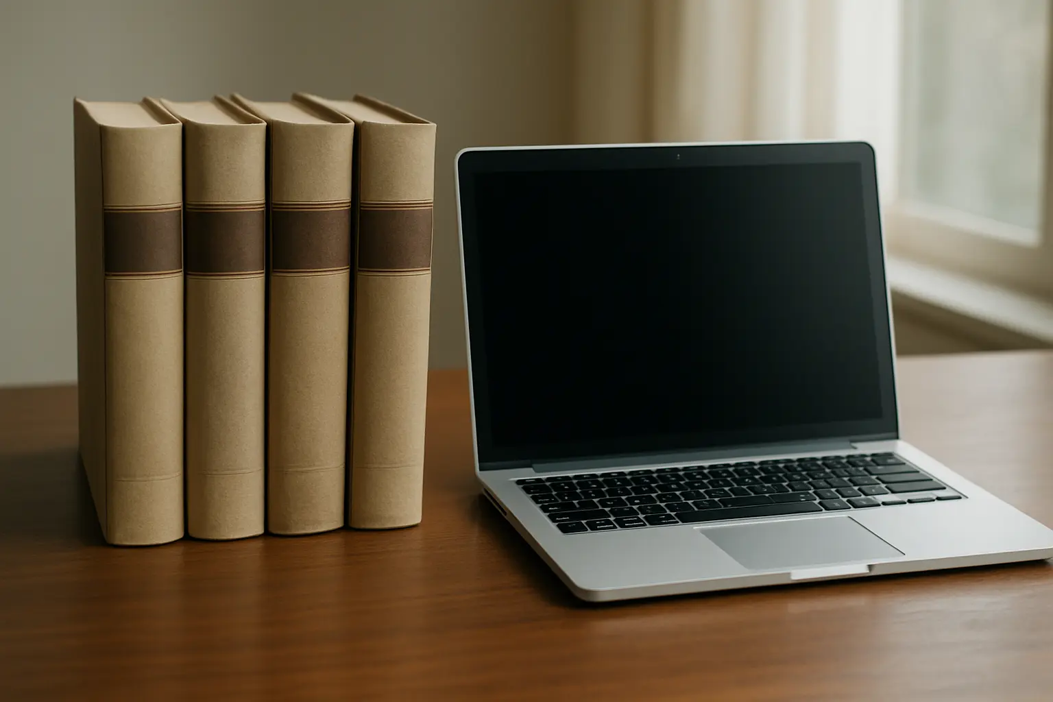 Gesetzesbücher liegen neben einem Laptop auf einem Schreibtisch