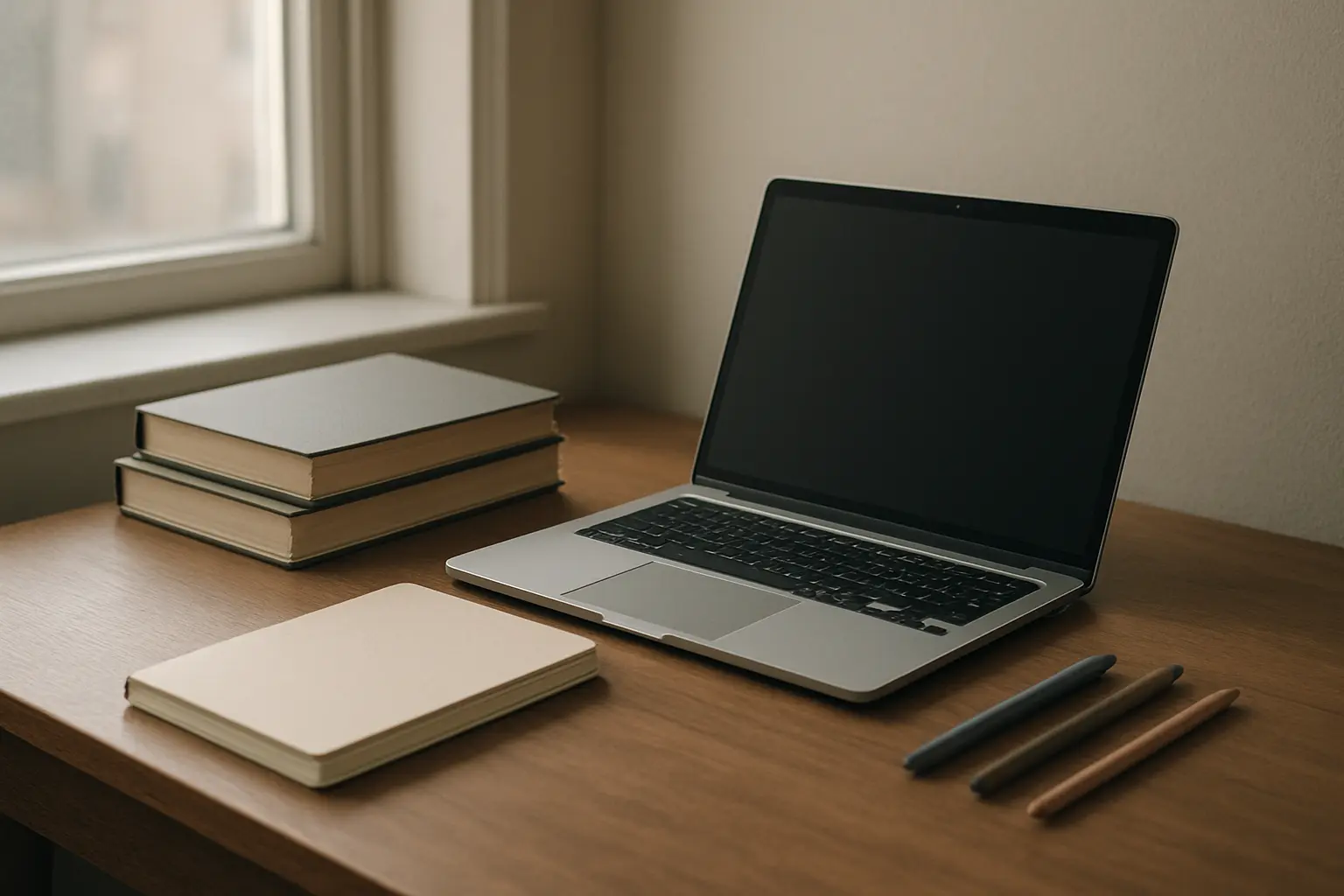 Aufgeräumter Schreibtisch mit Laptop und technischen Notizbüchern