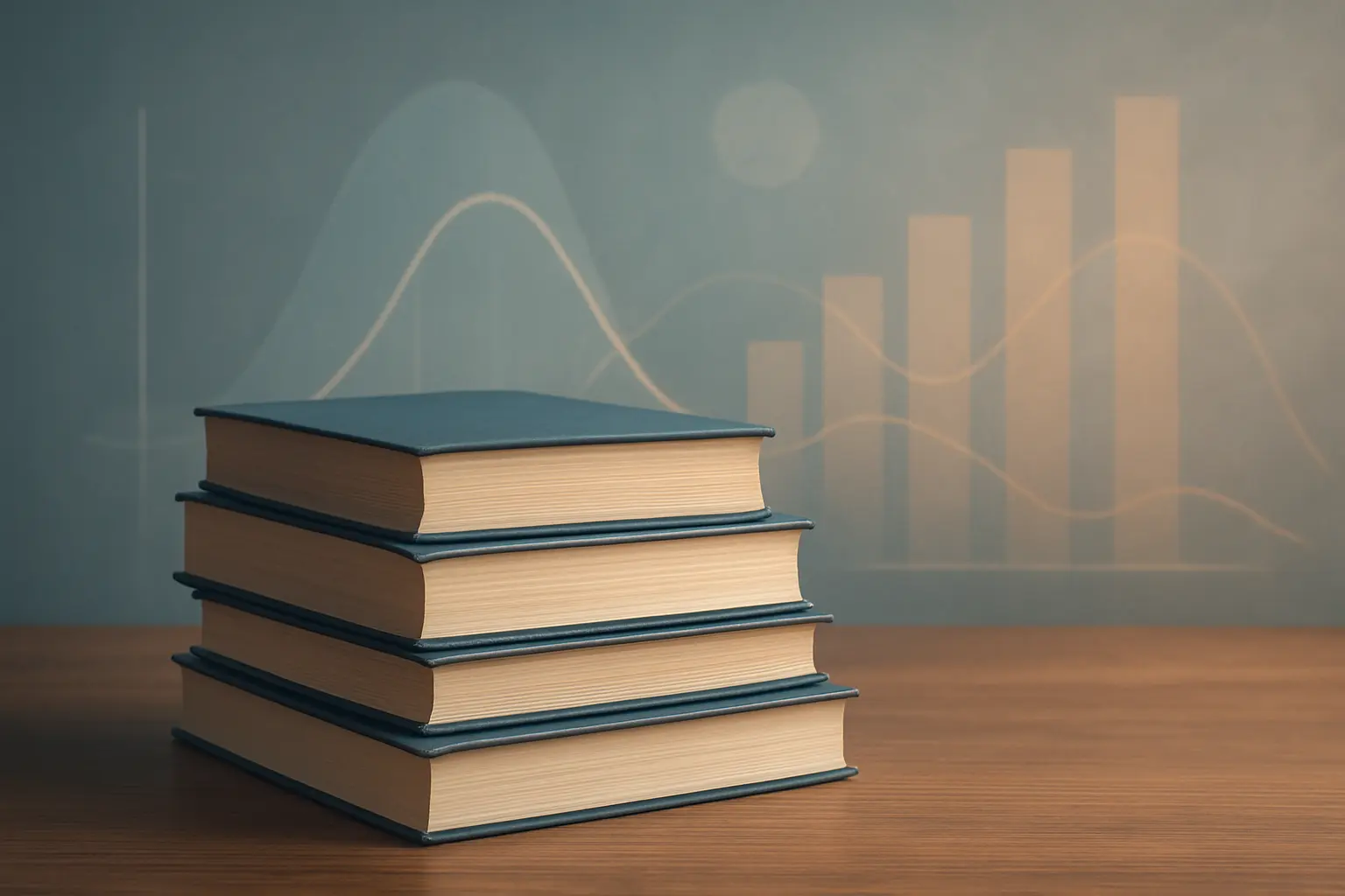 Gestapelte medizinische Fachbücher mit abstrakter Statistik-Visualisierung aus Lichtformen