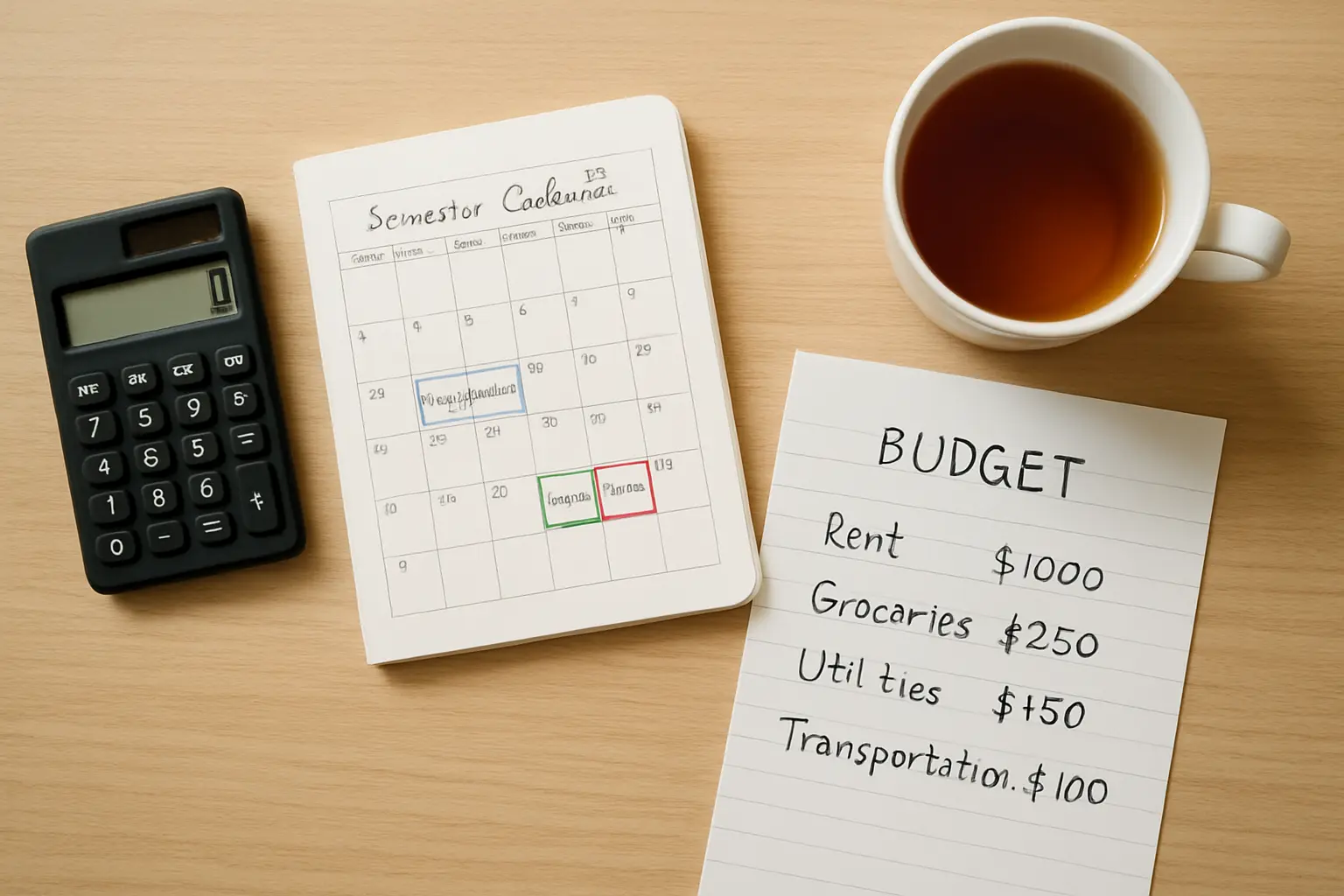 Budgetplanung für ein Semesterabo mit Taschenrechner und Kalender auf dem Schreibtisch