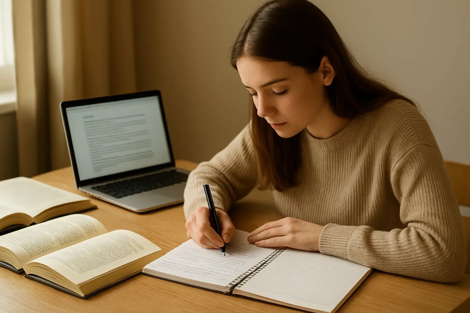 Studentin paraphrasiert einen Fachtext sorgfältig und dokumentiert die Quelle für ihre Abschlussarbeit