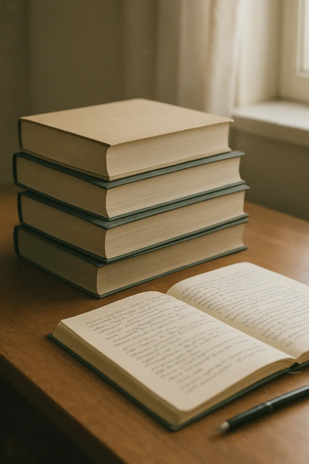 Gestapelte medizinische Lehrbücher und Notizen auf einem Schreibtisch