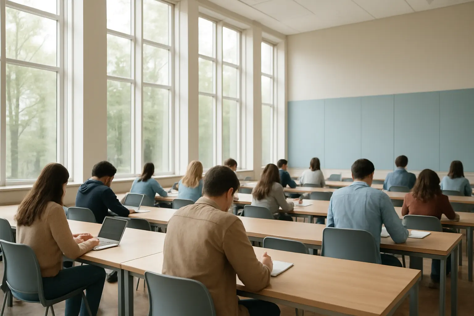Studierende in einem hellen Lernbereich einer Fachhochschule