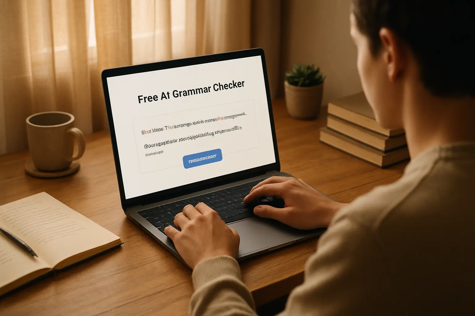 Studentin nutzt ein kostenloses KI-Schreibtool zur Grammatikprüfung am Laptop