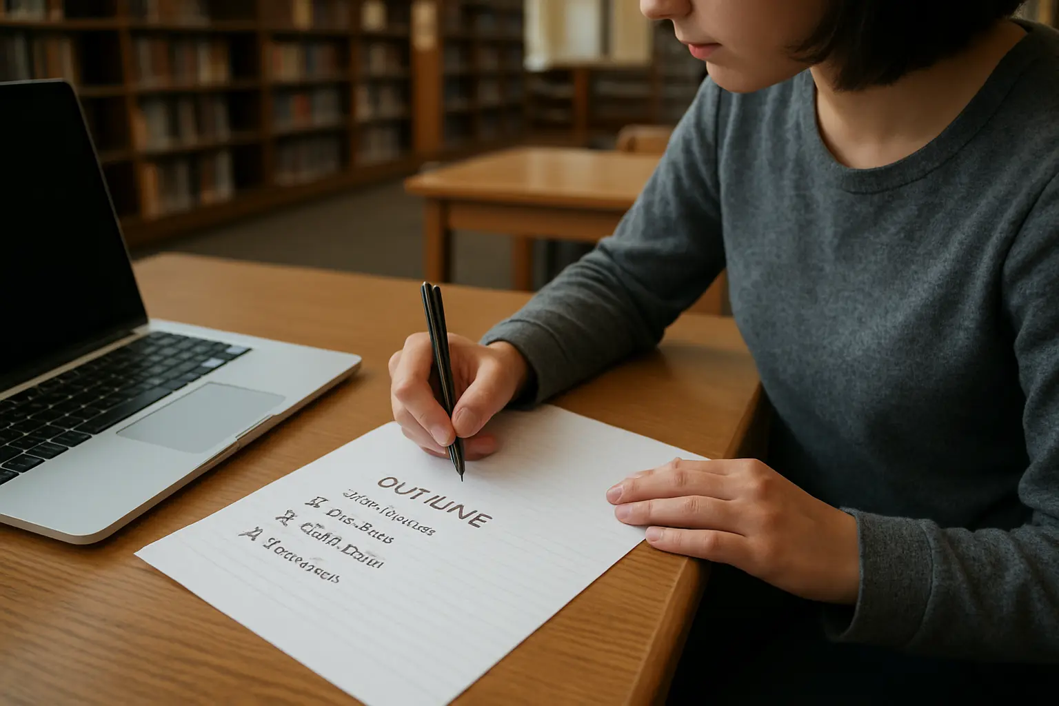 Studierende plant den Aufbau einer Hausarbeit mit Gliederung und Quellen