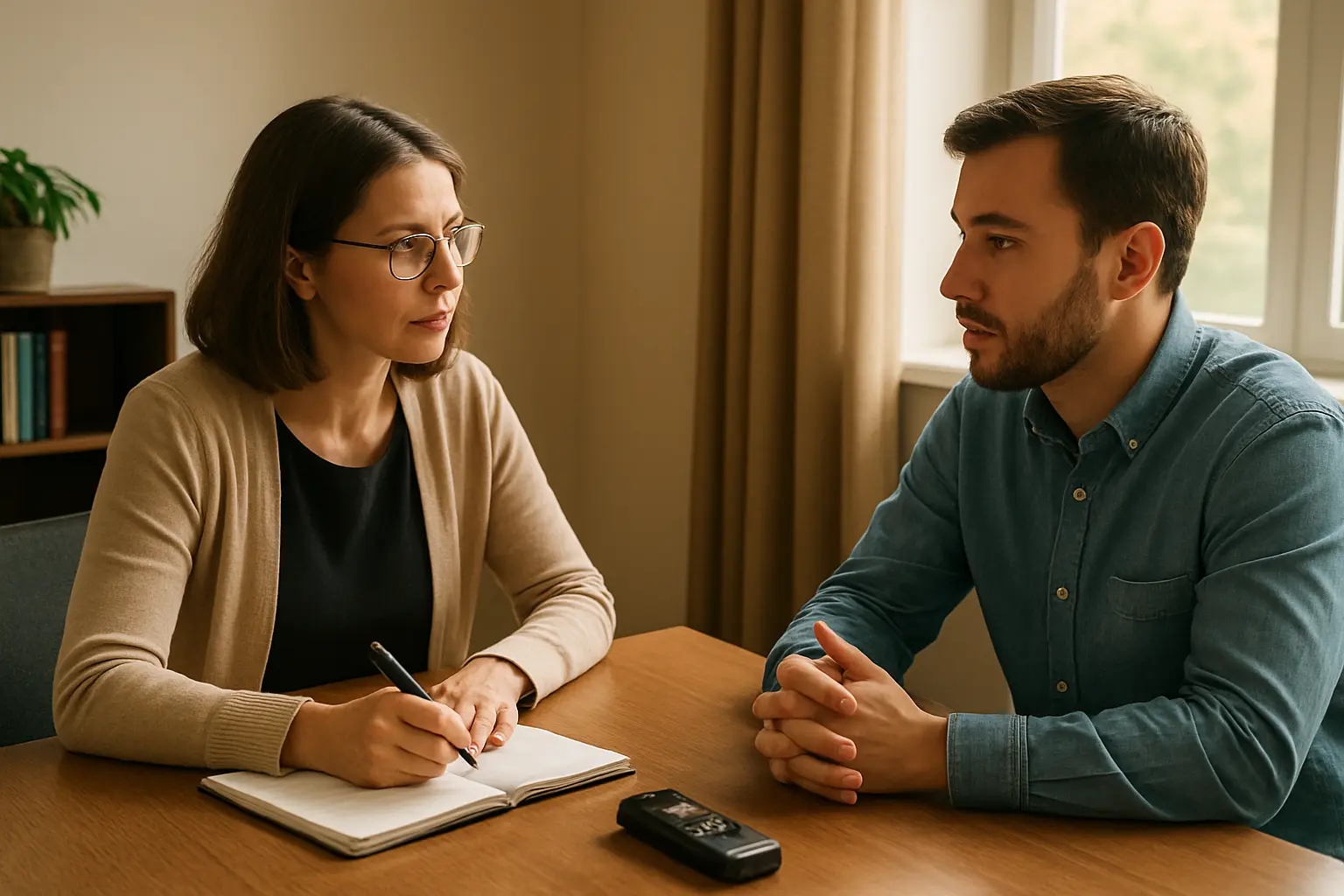 Forscherin führt ein qualitatives Interview mit einer Teilnehmerin und macht sich Notizen