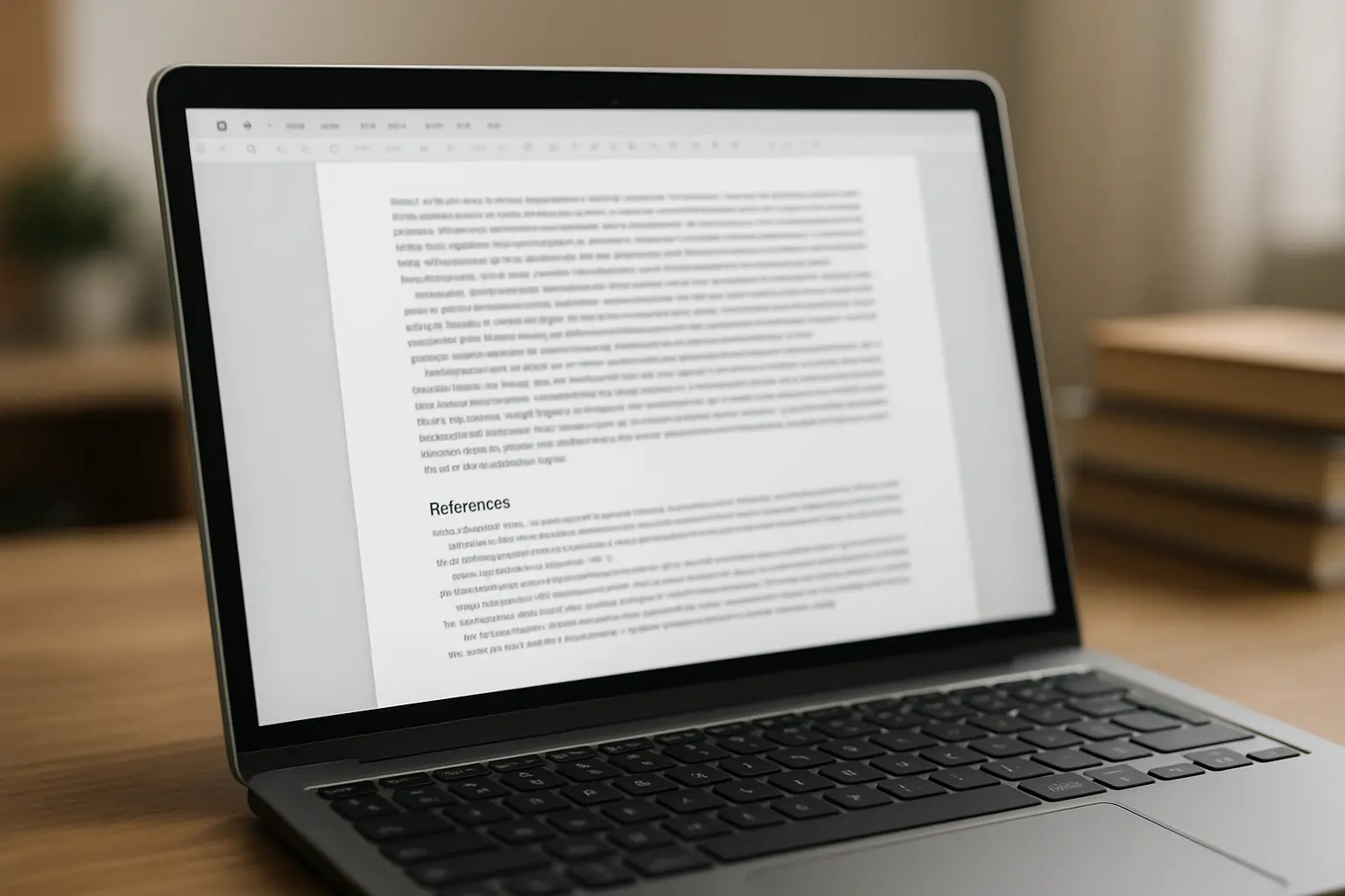 Nahaufnahme eines Laptop-Bildschirms mit Dokumenteneditor und Literaturverzeichnis