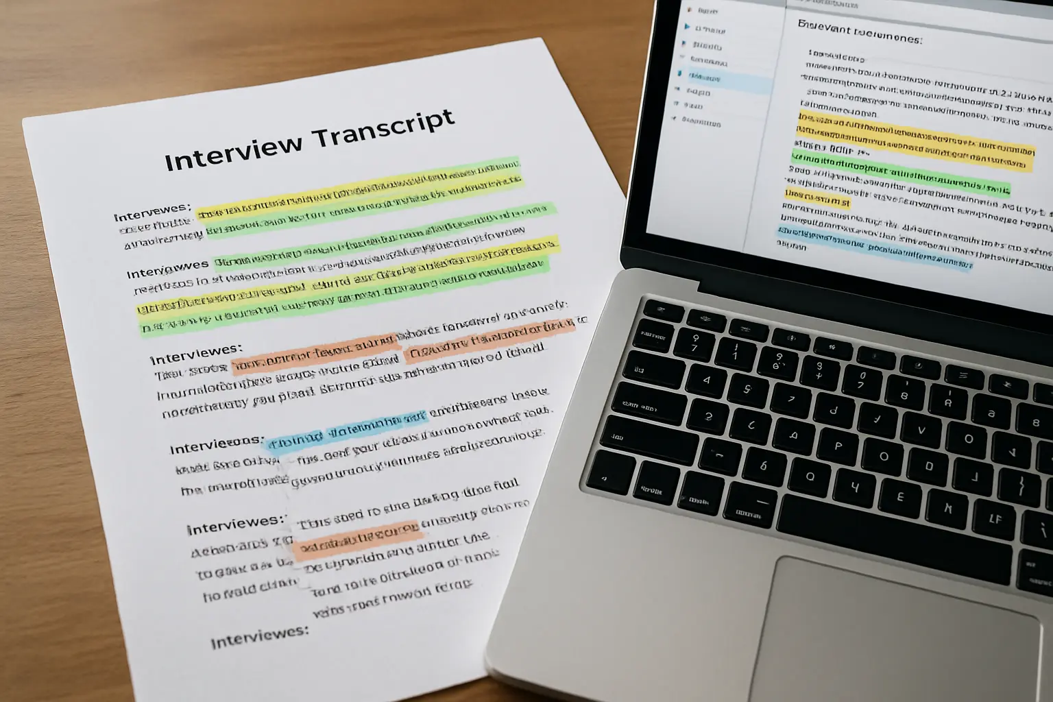 Interviewtranskript mit farbig codierten Textstellen nach Kategoriensystem neben QDA-Software am Laptop