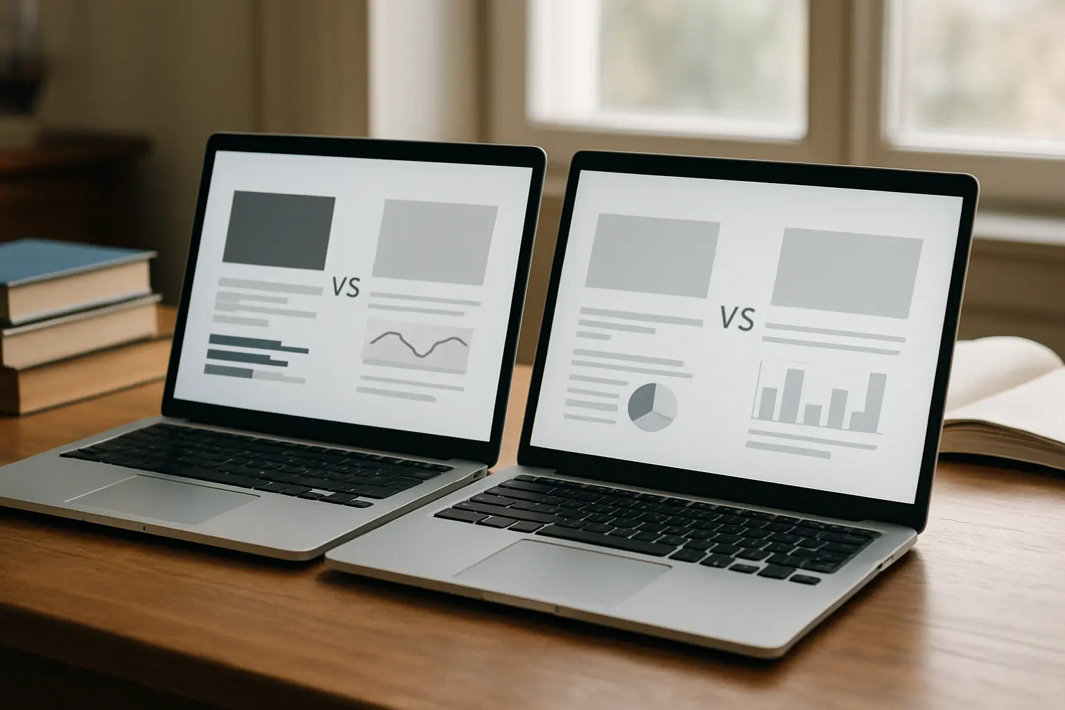 Vergleich von zwei Schreibtools auf zwei Laptop-Bildschirmen