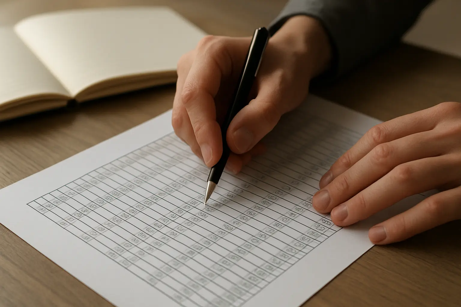 Hände markieren eine gedruckte Ergebnistabelle mit einem Stift