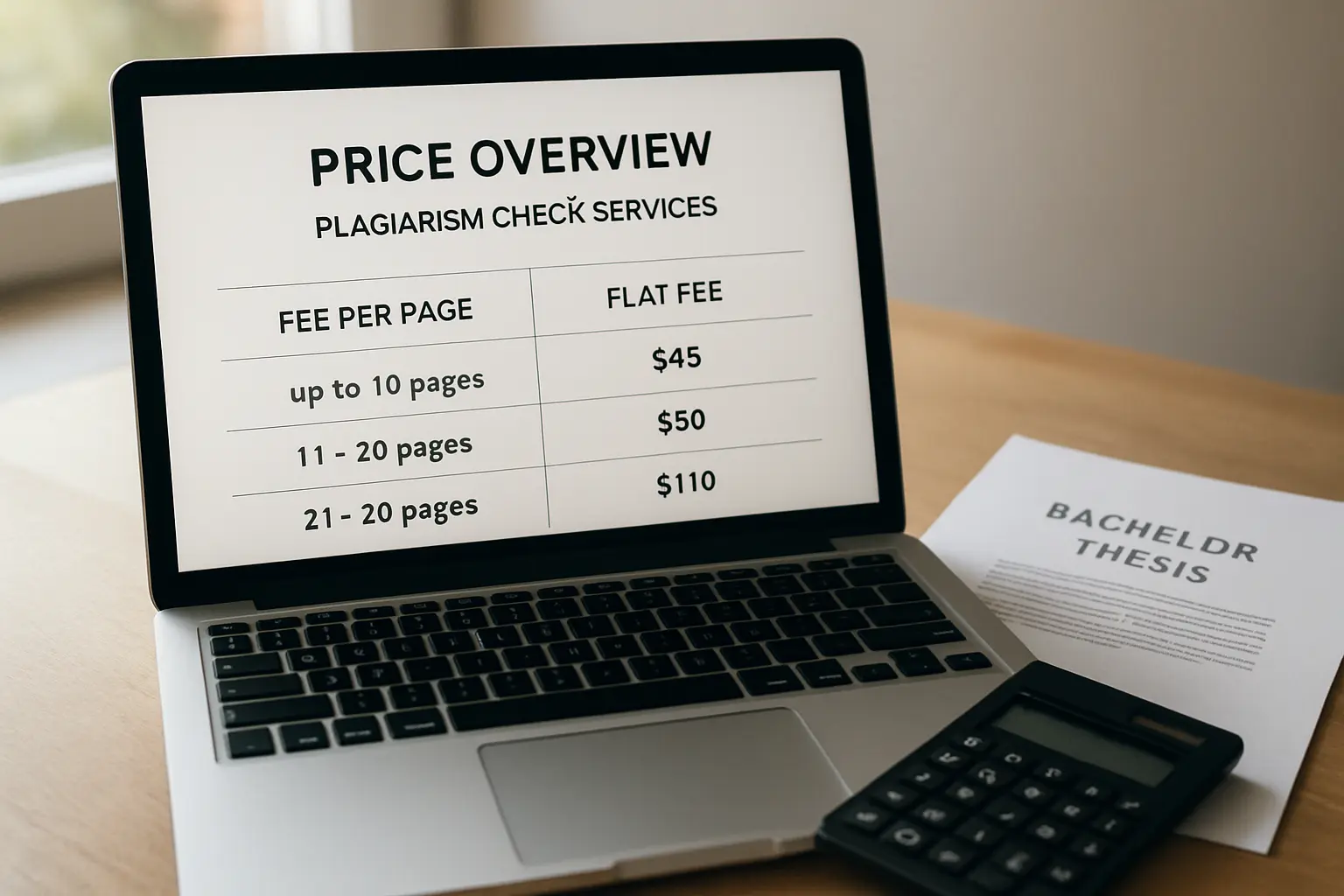 Preisübersicht für Plagiatsprüfungsdienste mit Seitenpreis und Pauschalpreis auf dem Laptop-Bildschirm