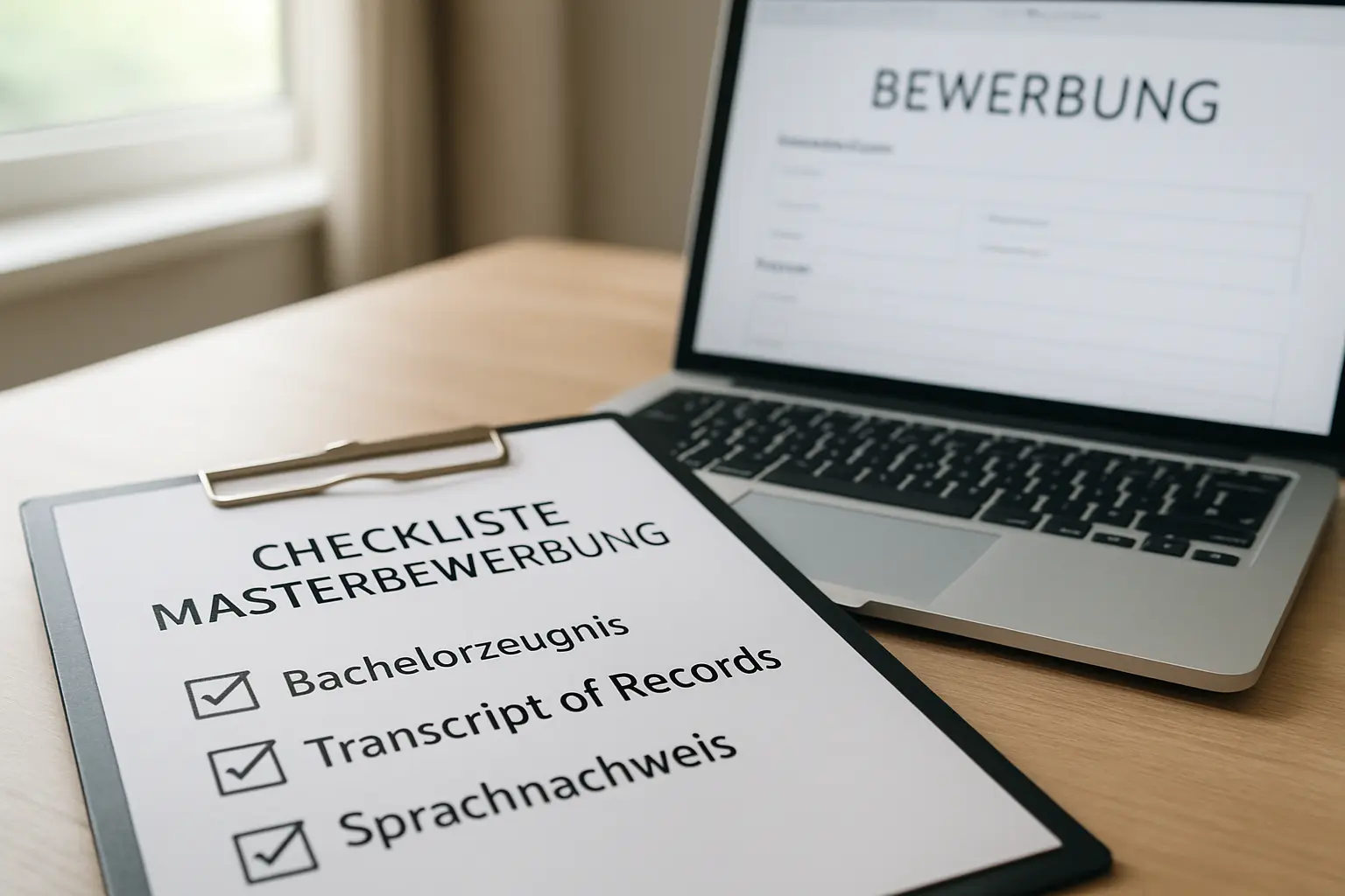 Abgehakte Checkliste mit Unterlagen für die Masterbewerbung neben einem Laptop