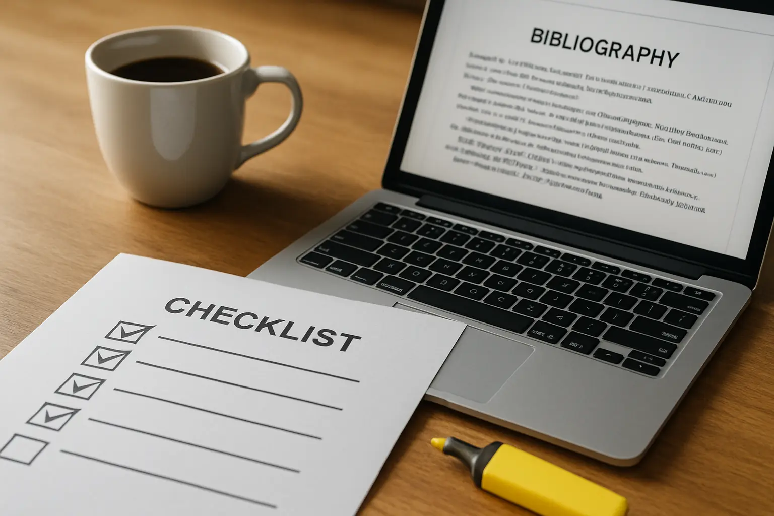 Checkliste zur Dokumentation des KI-Einsatzes neben einem Literaturverzeichnis am Laptop