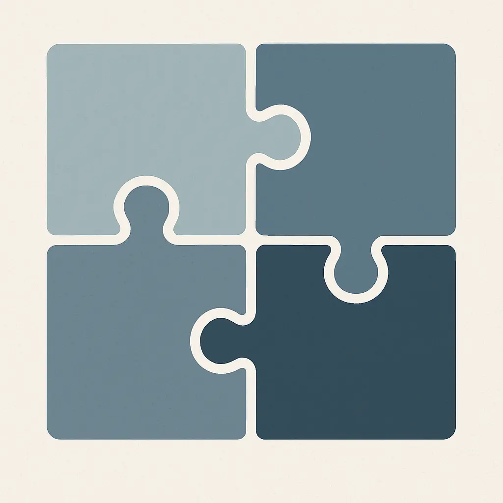 Editorielle Illustration von vier ineinandergreifenden Puzzleteilen als Sinnbild für die vier Trustworthiness-Kriterien qualitativer Forschung