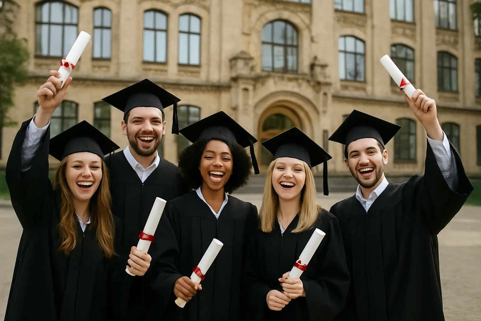 Absolventinnen und Absolventen feiern ihren Hochschulabschluss vor einem Universitätsgebäude