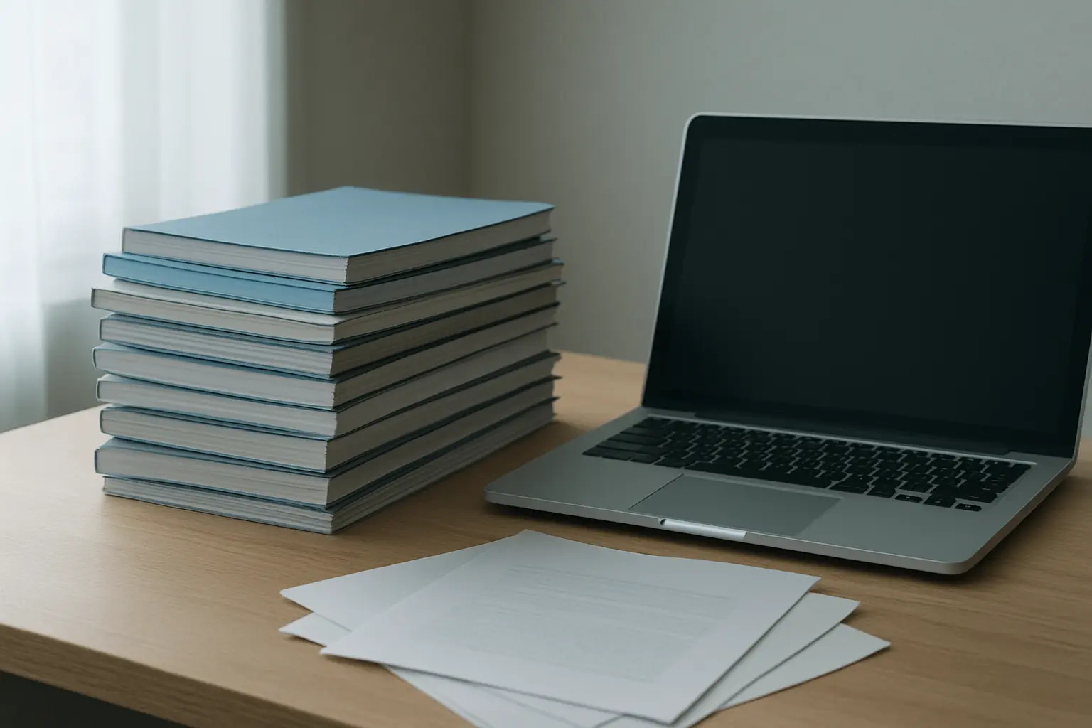 Gestapelte Fachzeitschriften neben einem Laptop als Symbol für IEEE-Quellenarbeit