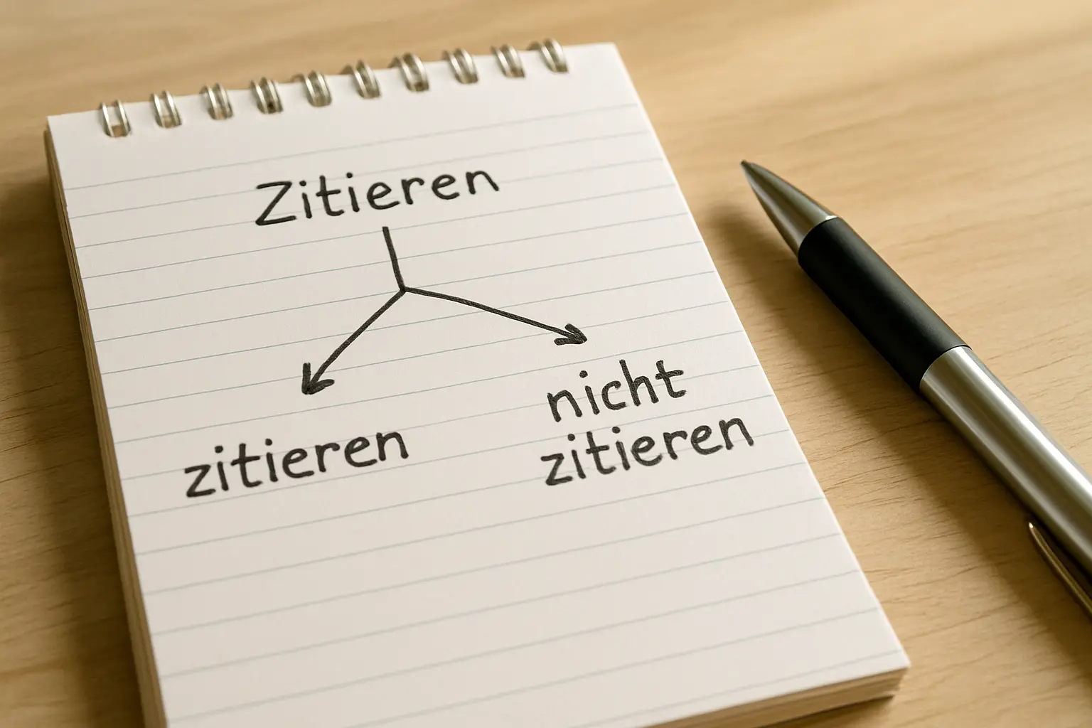 Handgezeichneter Entscheidungsbaum auf einem Notizblock zur Frage ob zitiert werden muss