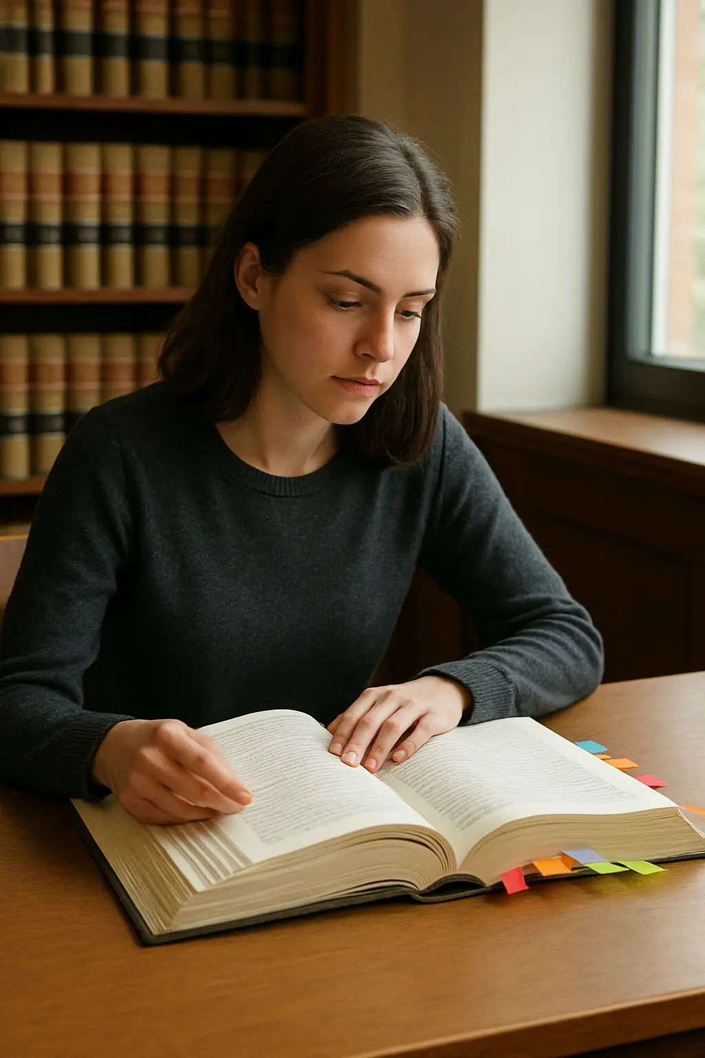 Jurastudent liest einen Rechtskommentar mit farbigen Haftnotizen und Markierungen
