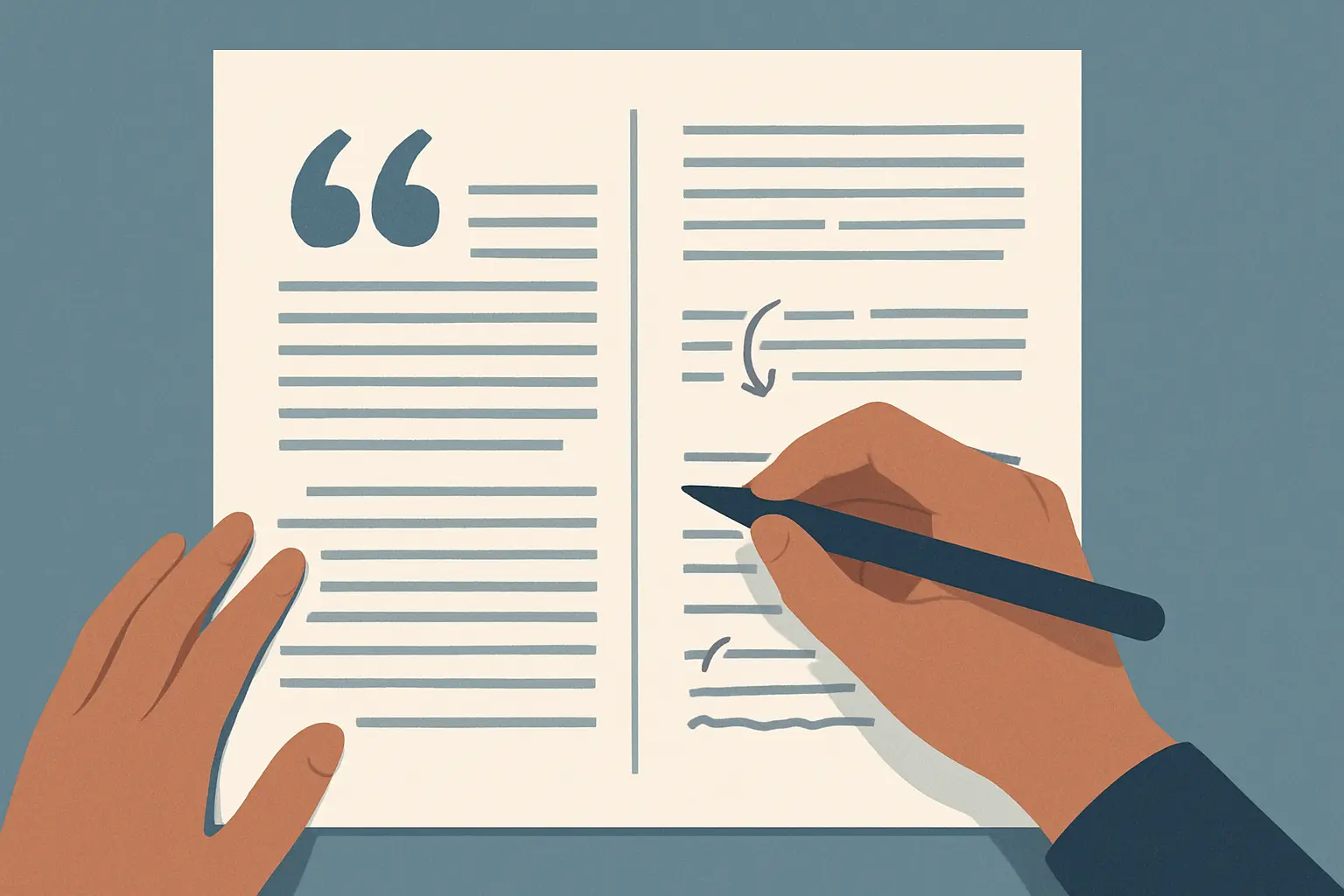 Handschriftliche Anmerkungen zeigen Zitat und Paraphrase im Vergleich