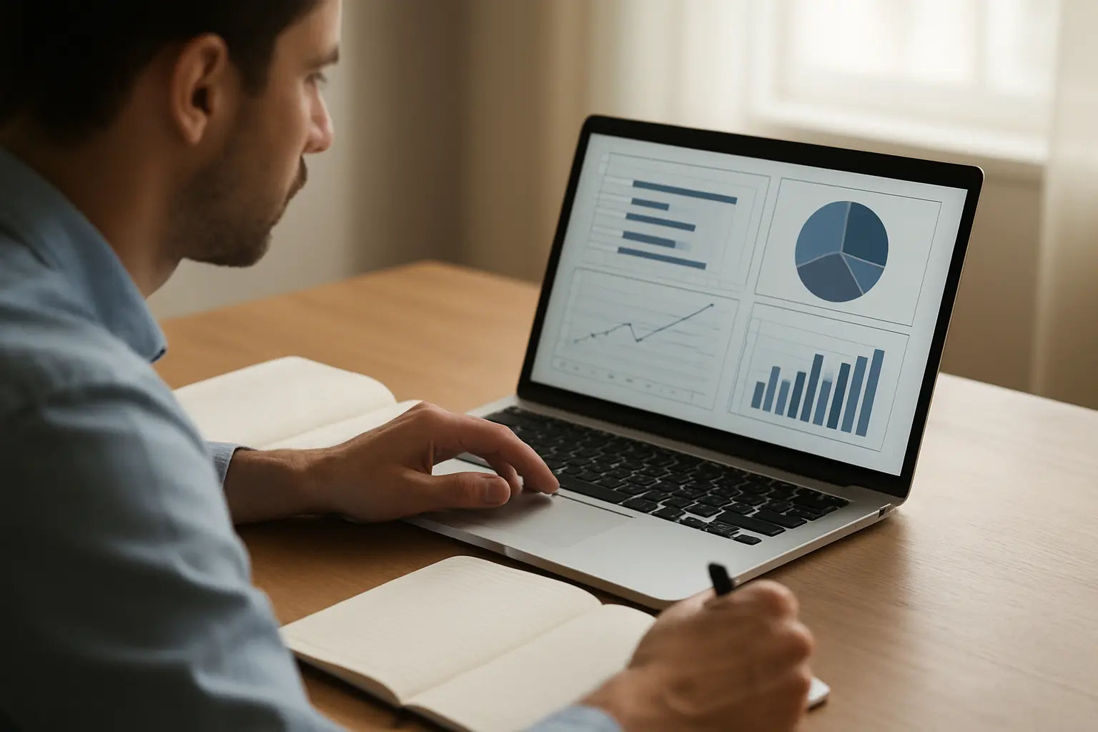 Forscher überprüft Umfragedaten und Statistiken auf einem Laptop-Bildschirm