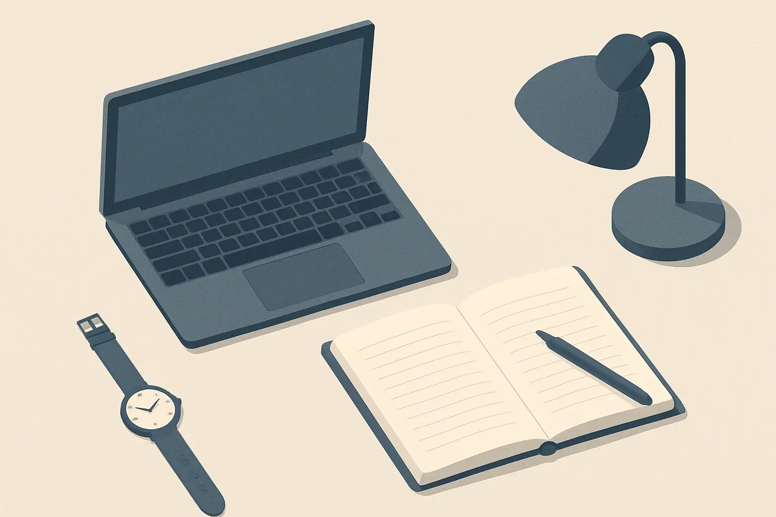Scrivania vista dall'alto con computer portatile, quaderno e orologio, che rappresenta lo studio serale accanto al lavoro