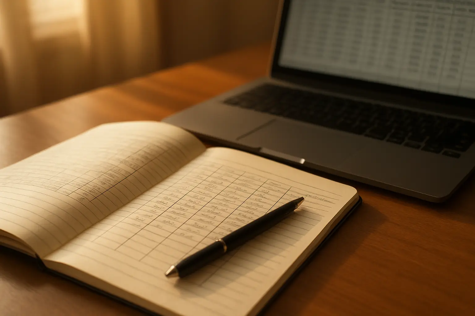 Handschriftliches Codebuch neben dem Laptop mit dem Datensatz