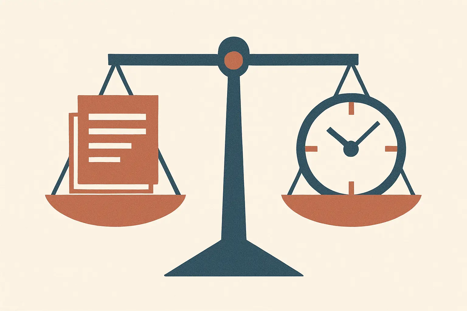 Balance opposant une pile de documents a une horloge, symbolisant l'arbitrage entre travail remunere et redaction du memoire