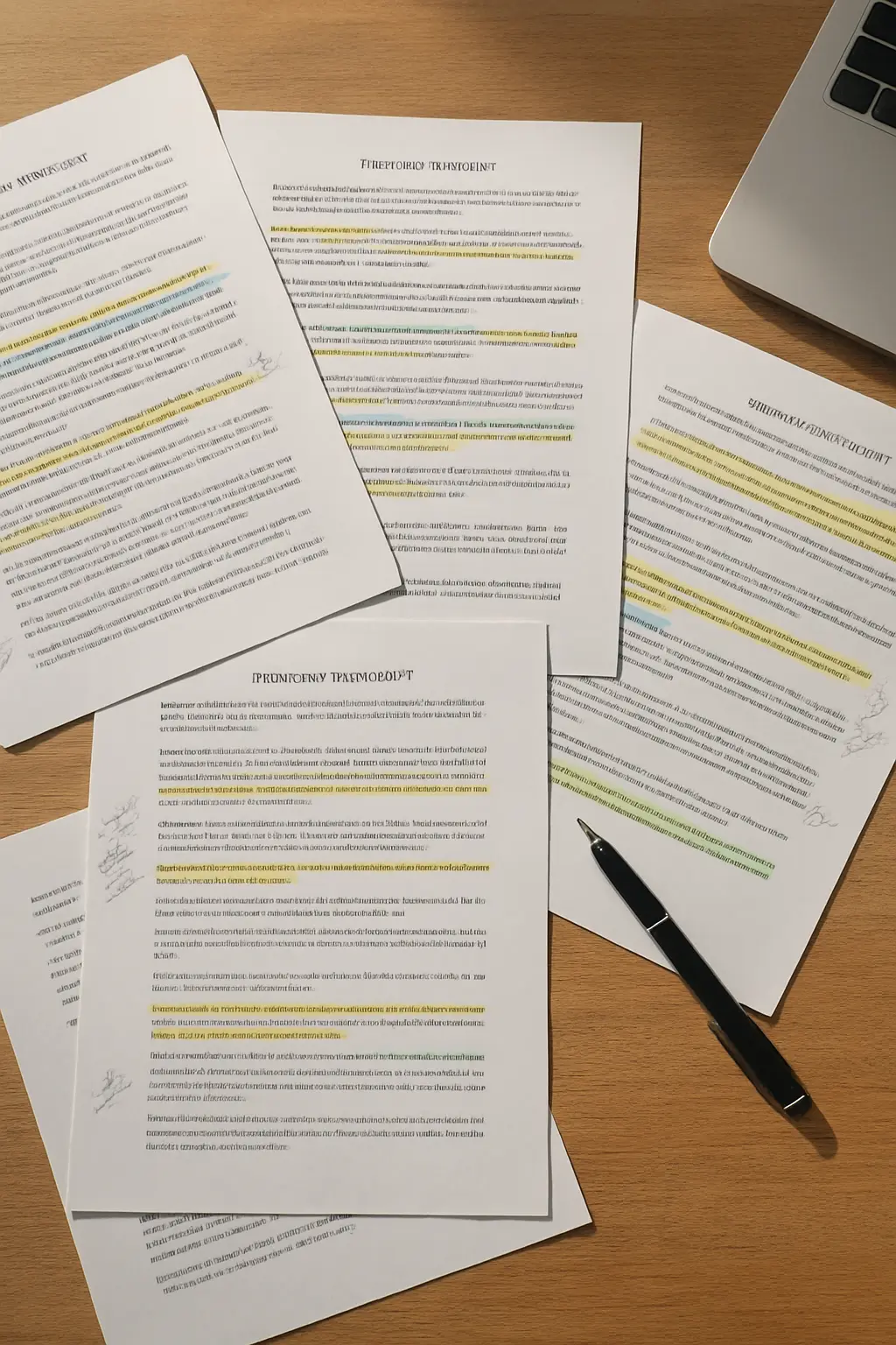 Ausgedruckte Interviewtranskripte mit farbigen Markierungen und Randnotizen