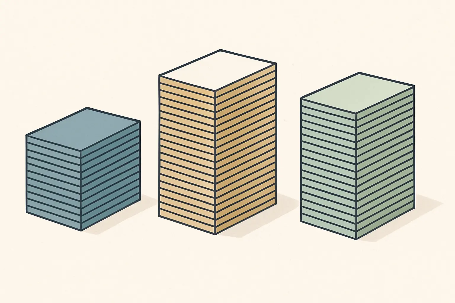 Trois piles de fiches bibliographiques de tailles differentes representant trois logiciels de gestion de references