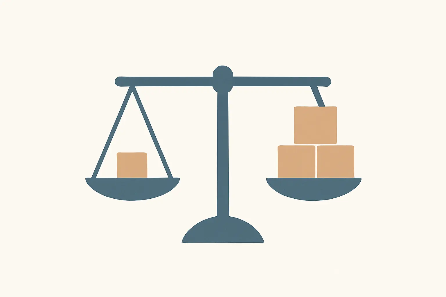 Balance dont un plateau porte un bloc et l'autre trois blocs, illustrant une pondération inégale