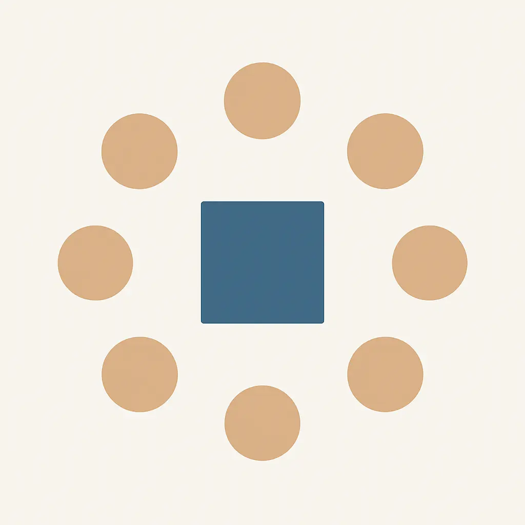 Sieben Kreise um ein zentrales Quadrat als Sinnbild fuer mehrere Kommissionen an einer Plattform