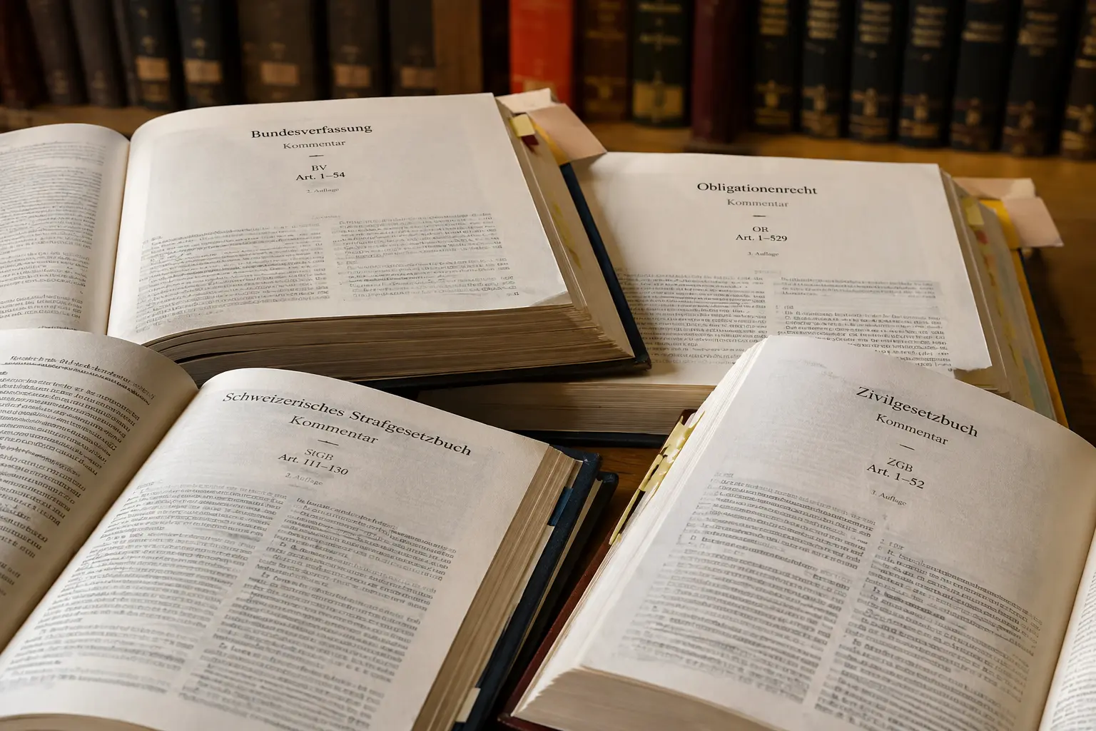 Gesetzbuch, Kommentar und Notizen auf einem Schreibtisch während der Arbeit an einer juristischen Bachelorarbeit