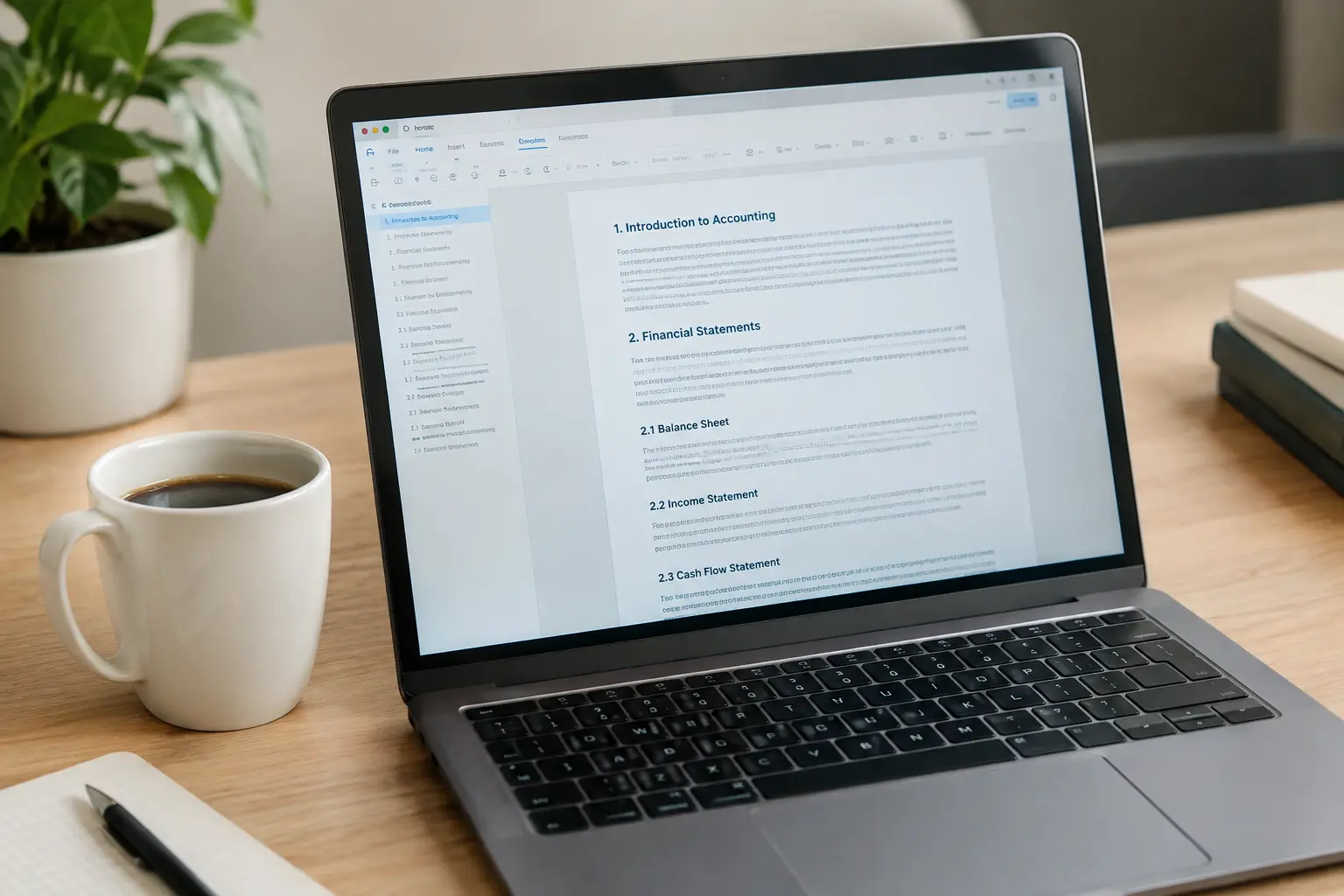 Laptop mit einem strukturierten wissenschaftlichen Textdokument mit Rechnungswesen-Überschriften