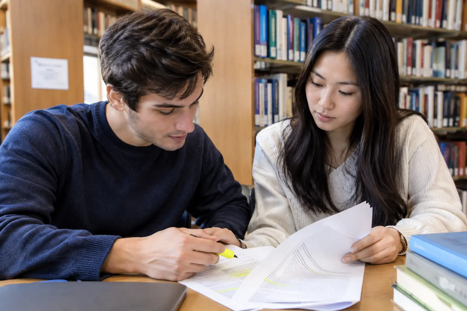 Studierende besprechen ein ausgedrucktes Beobachtungsprotokoll mit markierten Textstellen