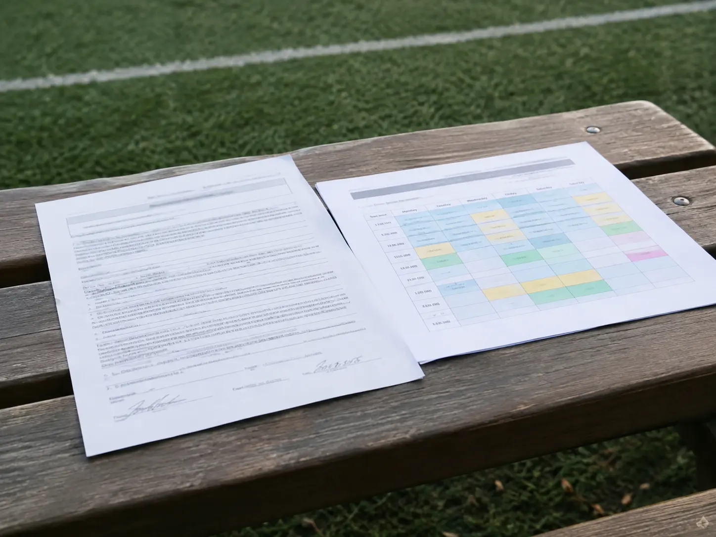 Unterschriebene Einwilligungserklärung und ein Trainingsplan auf einer Vereinsbank