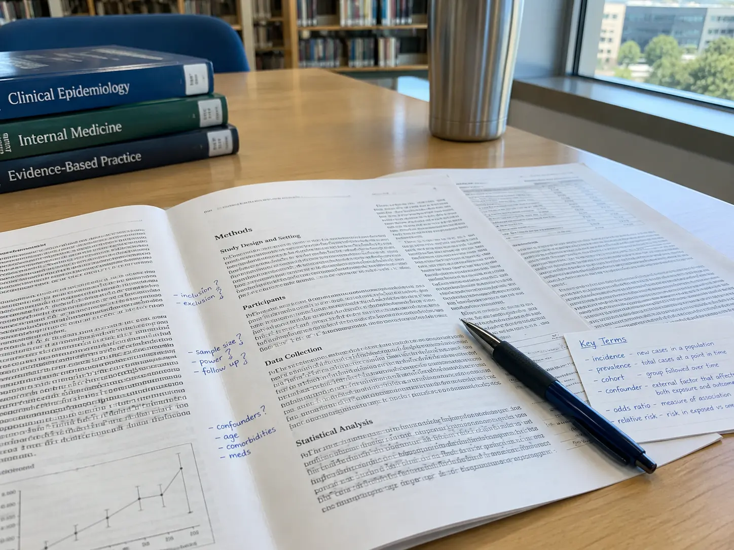Aufgeschlagener medizinischer Fachartikel mit Randnotizen und einer kleinen Glossarkarte auf einem Schreibtisch