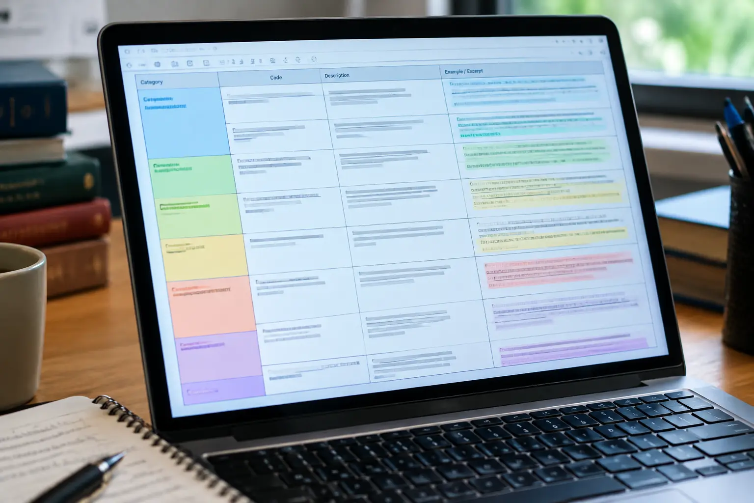 Bildschirm mit einer Tabelle eines Kategoriensystems für eine qualitative Inhaltsanalyse