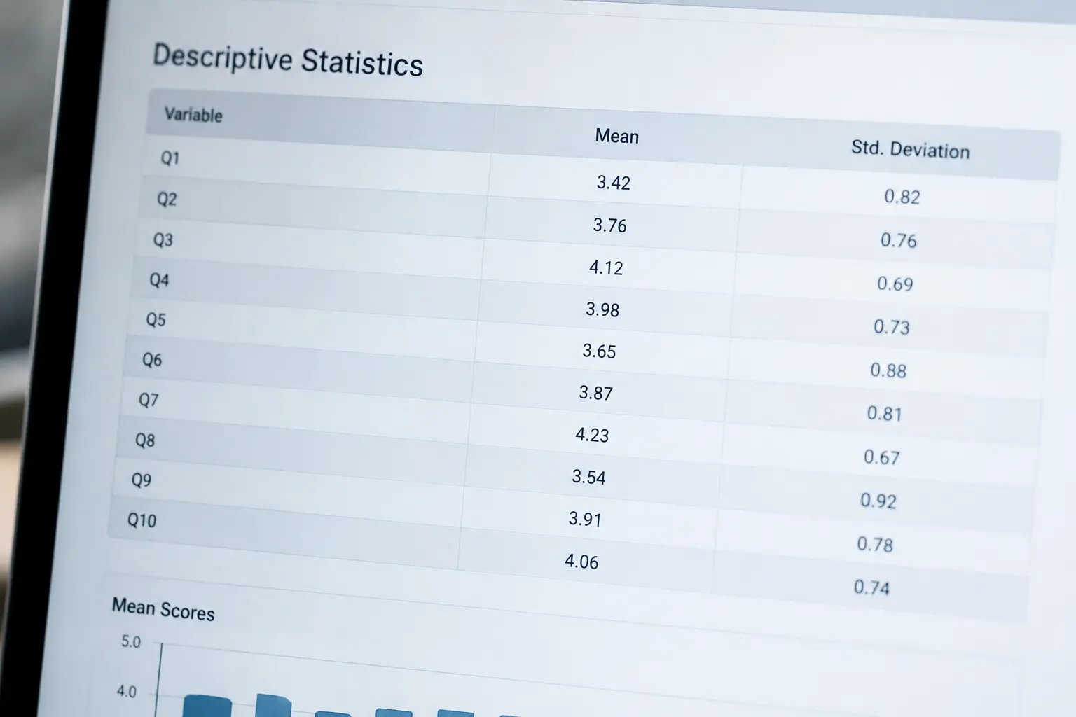 Bildschirm mit einer deskriptiven Statistiktabelle mit Mittelwerten und Standardabweichungen für eine Marketing-Umfrage