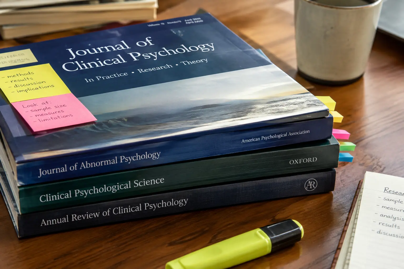 Gestapelte Fachzeitschriften der klinischen Psychologie mit Haftnotizen und Textmarker auf einem Schreibtisch
