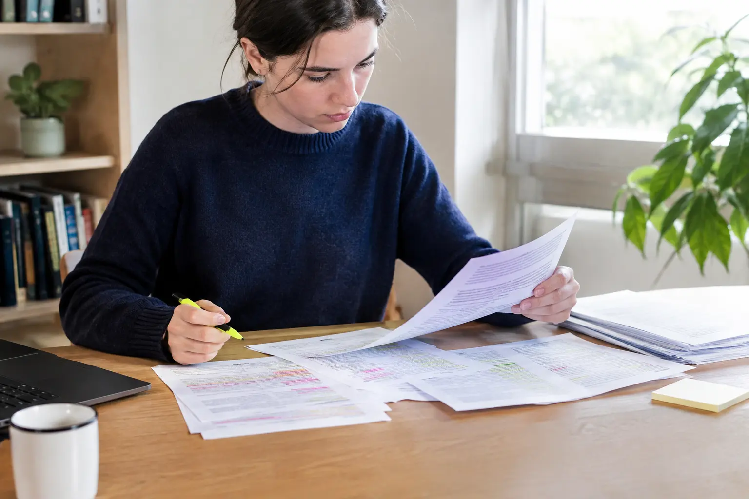Studierende vergleicht kodierte Interviewtranskripte mit farbigen Markierungen auf einem Schreibtisch
